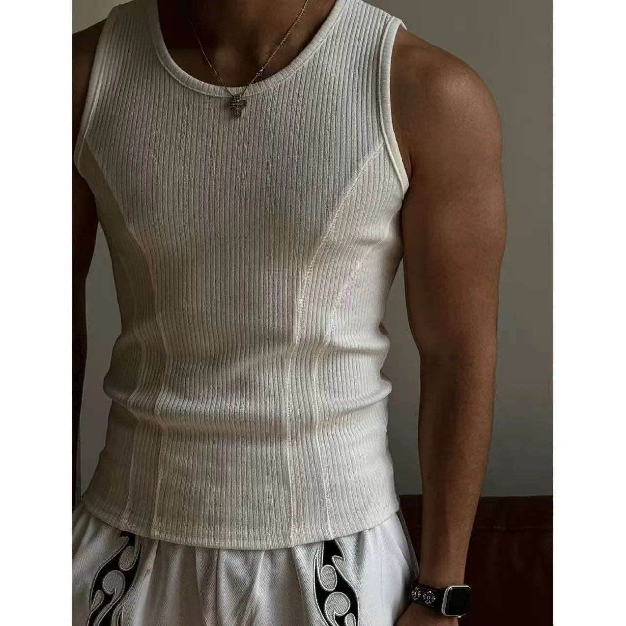 Men's black tight-fitting I-shaped polyester sports vest with American stitching