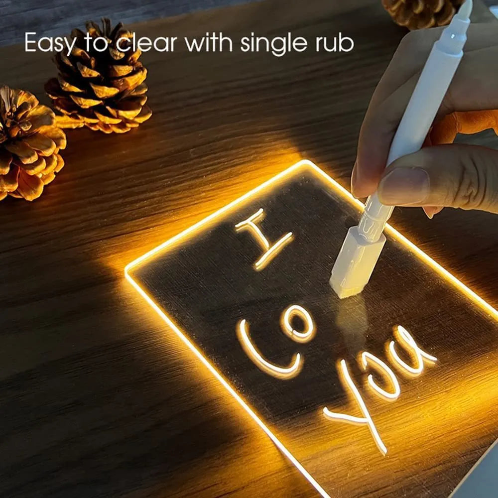 USB-powered message board night lamp showing four acrylic frame sizes on stable ABS base