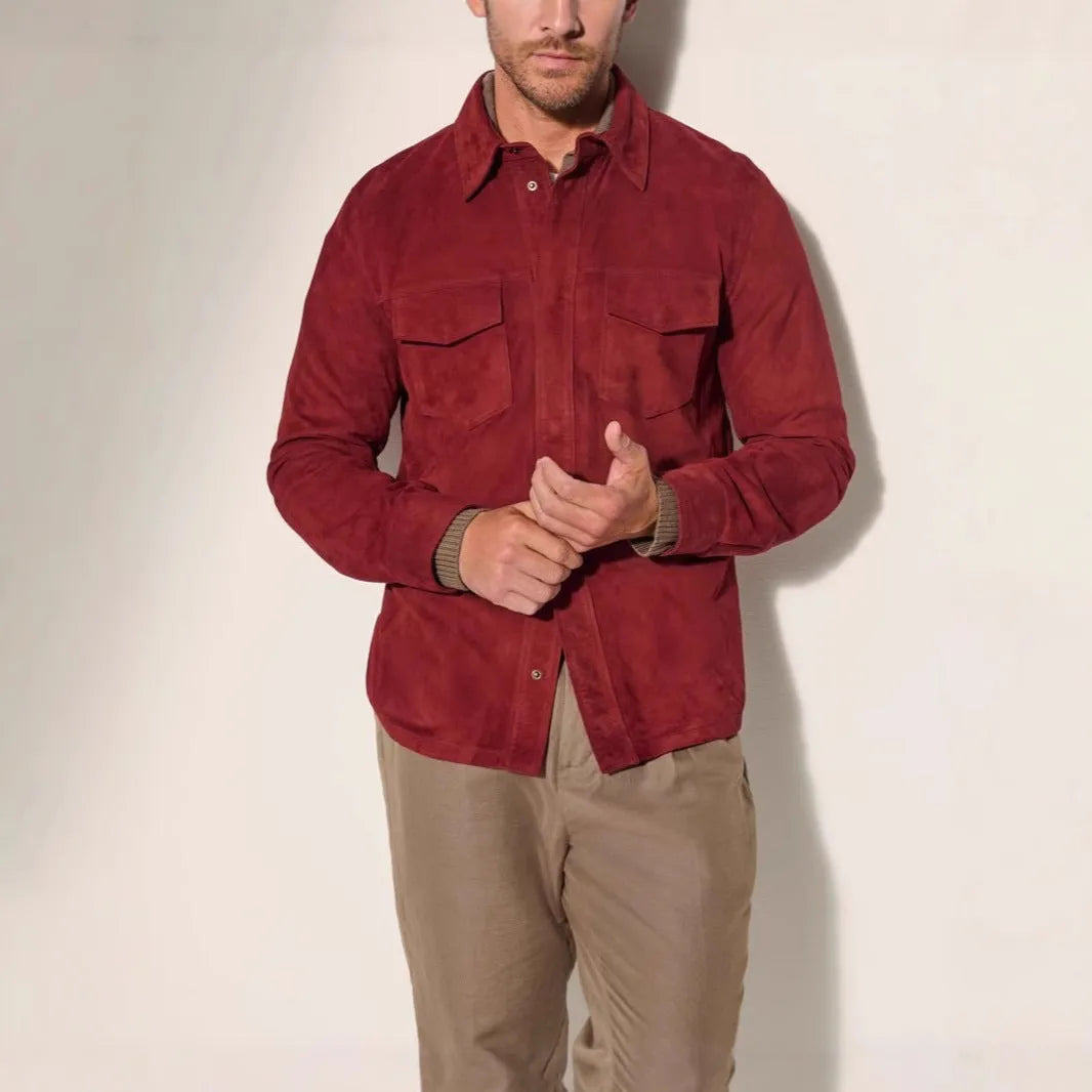 Noah suede shirt jacket men's coat in brown, red, and green polyester fibre regular fit