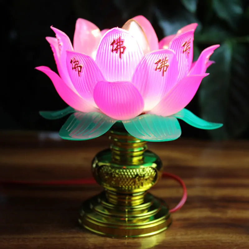 Buddha worship lamp with colourful lotus design and plug for 220V outlets