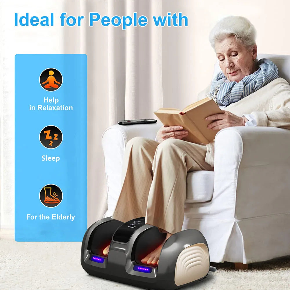 Black 3D foot and calf massager with heat, remote control, and removable washable cloth cover