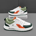 Men's solid colour casual shoes with round toe and artificial PU uppers in white/orange, black, and brown.