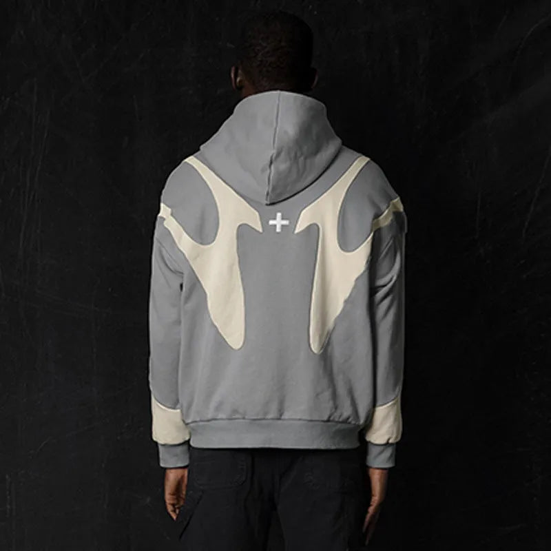 Geometric pattern stitching hooded cardigan zipper sweater in polyester black