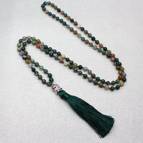 Indian agate bracelet with 108 geometrically shaped 6mm beads on wrist