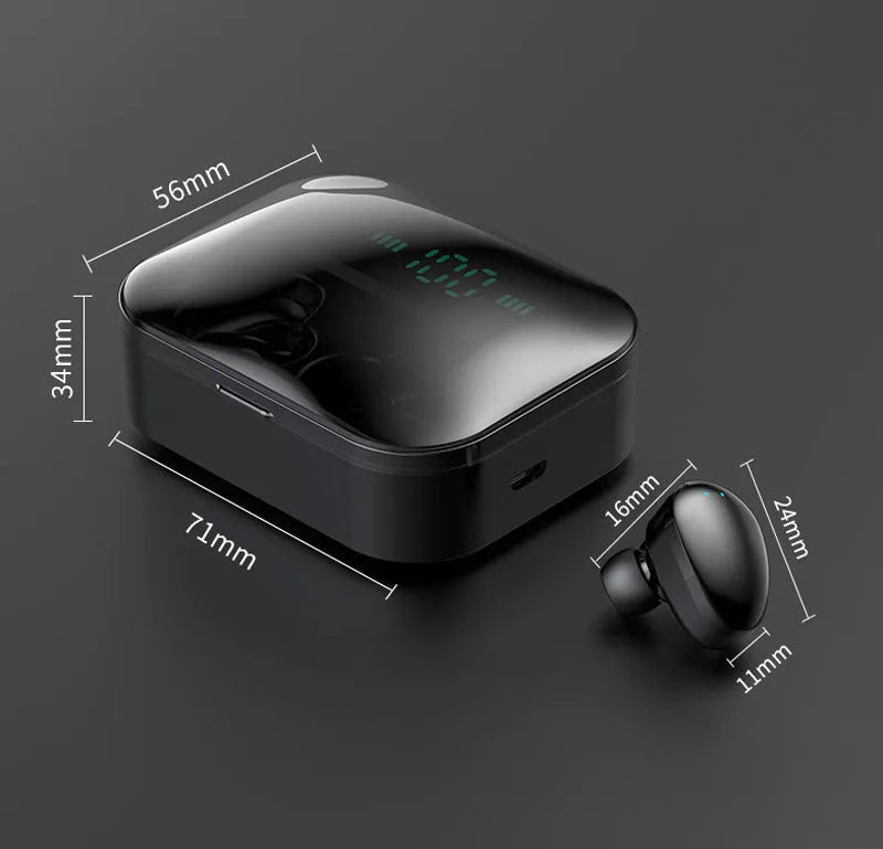 X7LED black and white sports Bluetooth headphones with charging case showing LED display