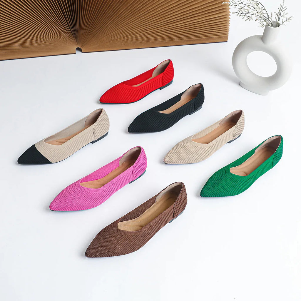 Women's knit flat pumps with pointed toe in microfiber, showing apricot colour option
