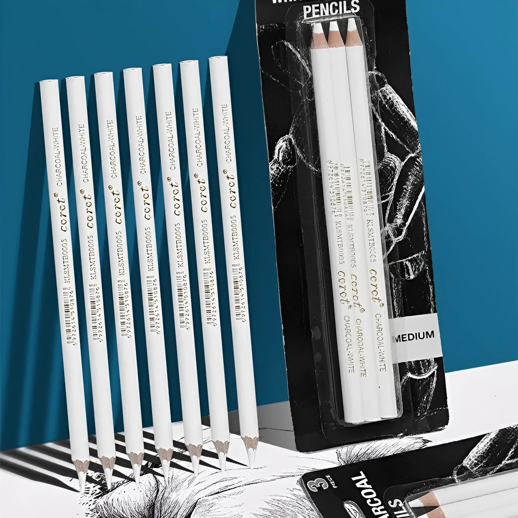 Set of three white powder lead sketching pencils with wooden barrels for dark paper drawing.
