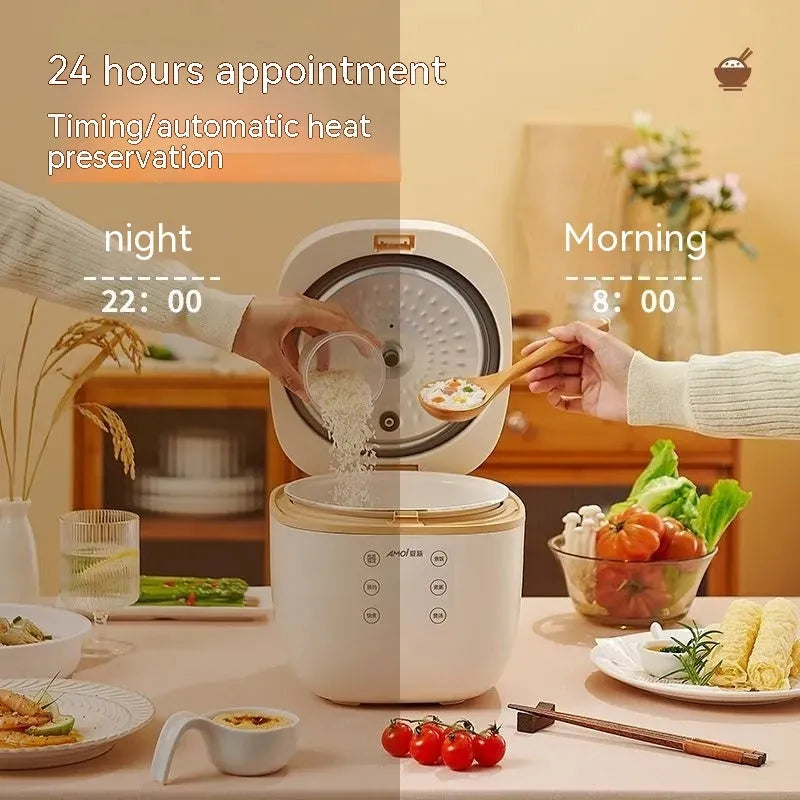White intelligent multi-function rice cooker with 3L capacity and black inner pot on kitchen counter