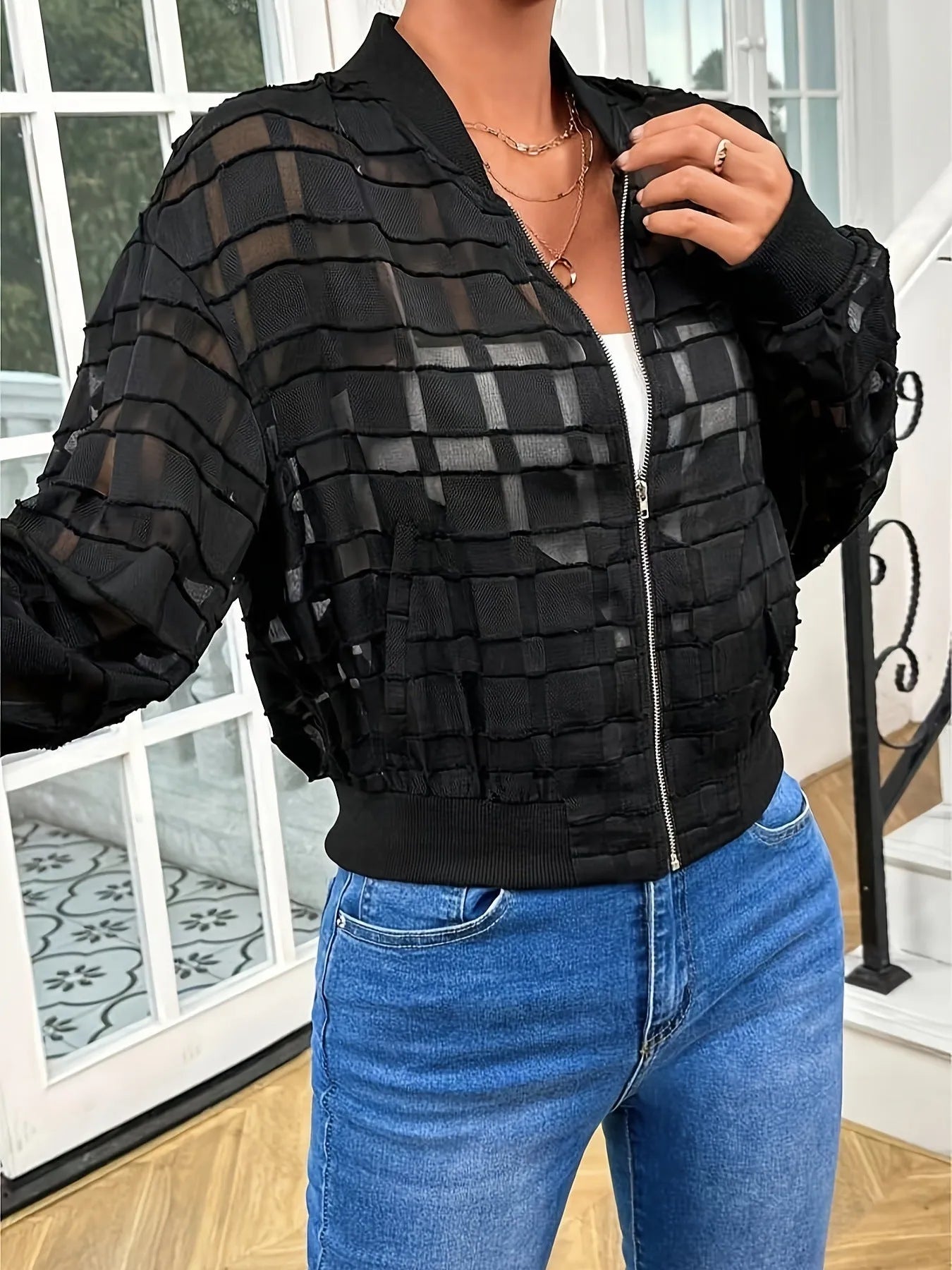 Black women's casual jacket with geometric pattern and semi-transparent fabric