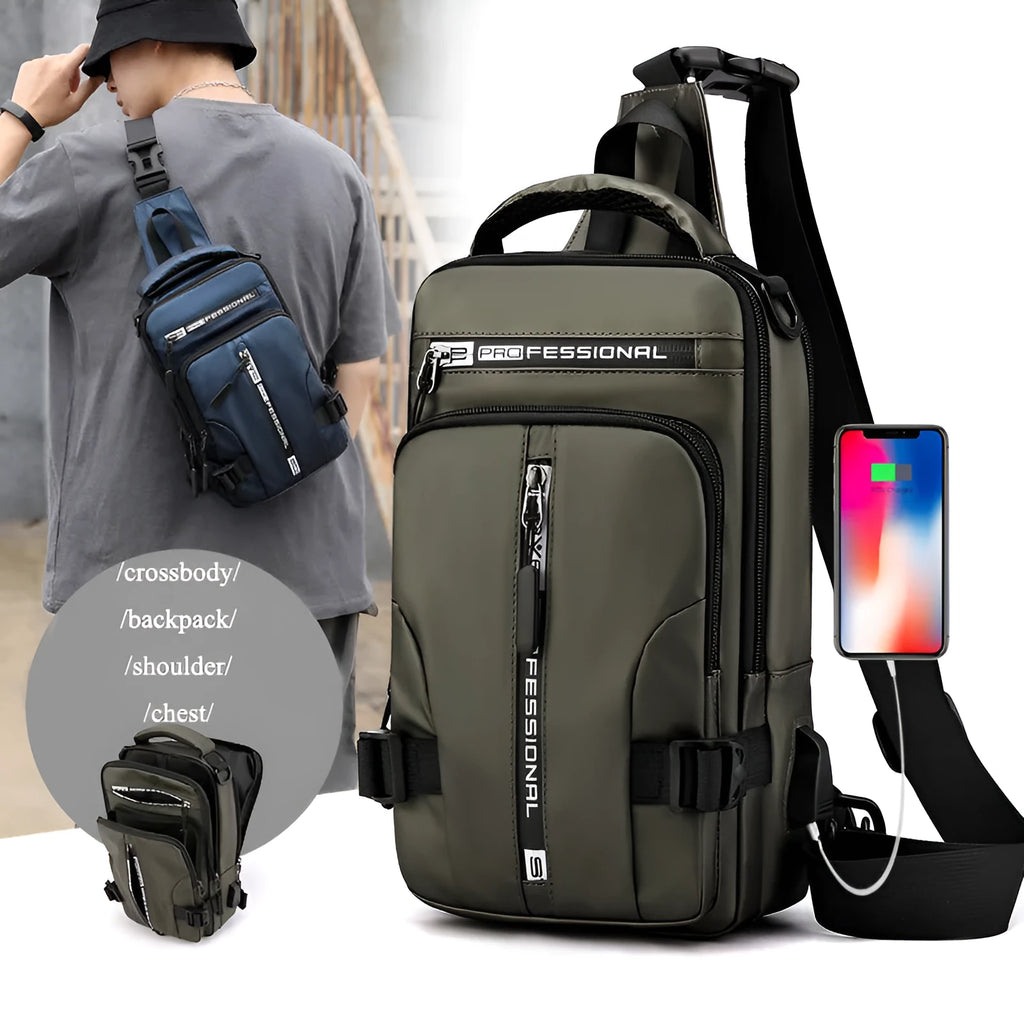 Men's waterproof nylon crossbody chest bag in khaki, medium square vertical section with zip closure and multiple compartments