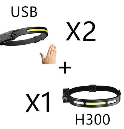 Rechargeable LED headlamp with wide-angle illumination, induction activation, and durable silicone construction for outdoor adventures.