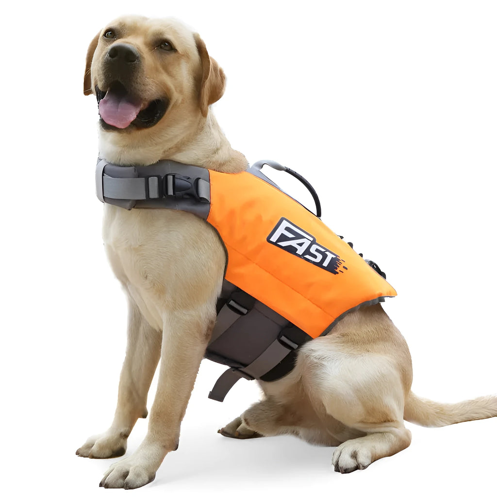 Reflective dog life jacket in orange and green, Oxford cloth and pearl cotton, sizes S-XL for medium and large dogs.