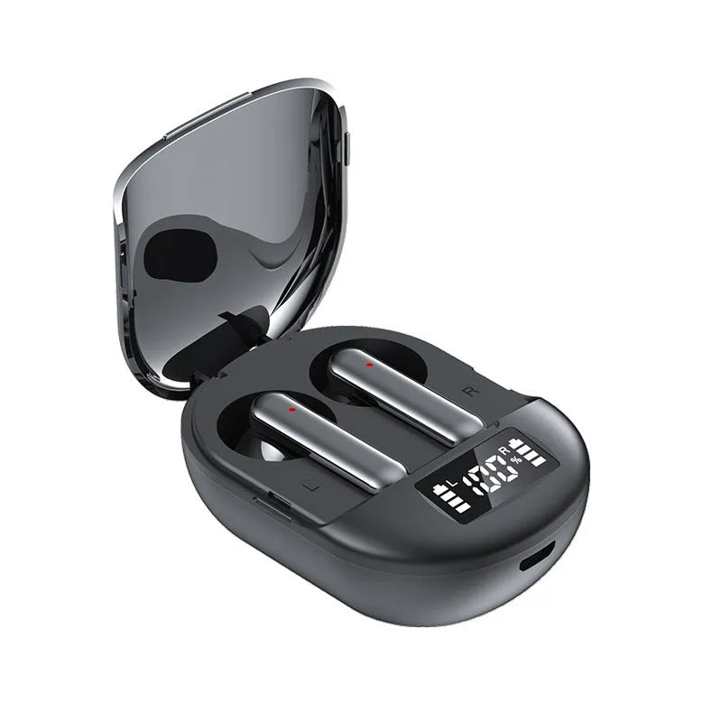 Black or white wireless Bluetooth headset with charging bin, showing digital display screen