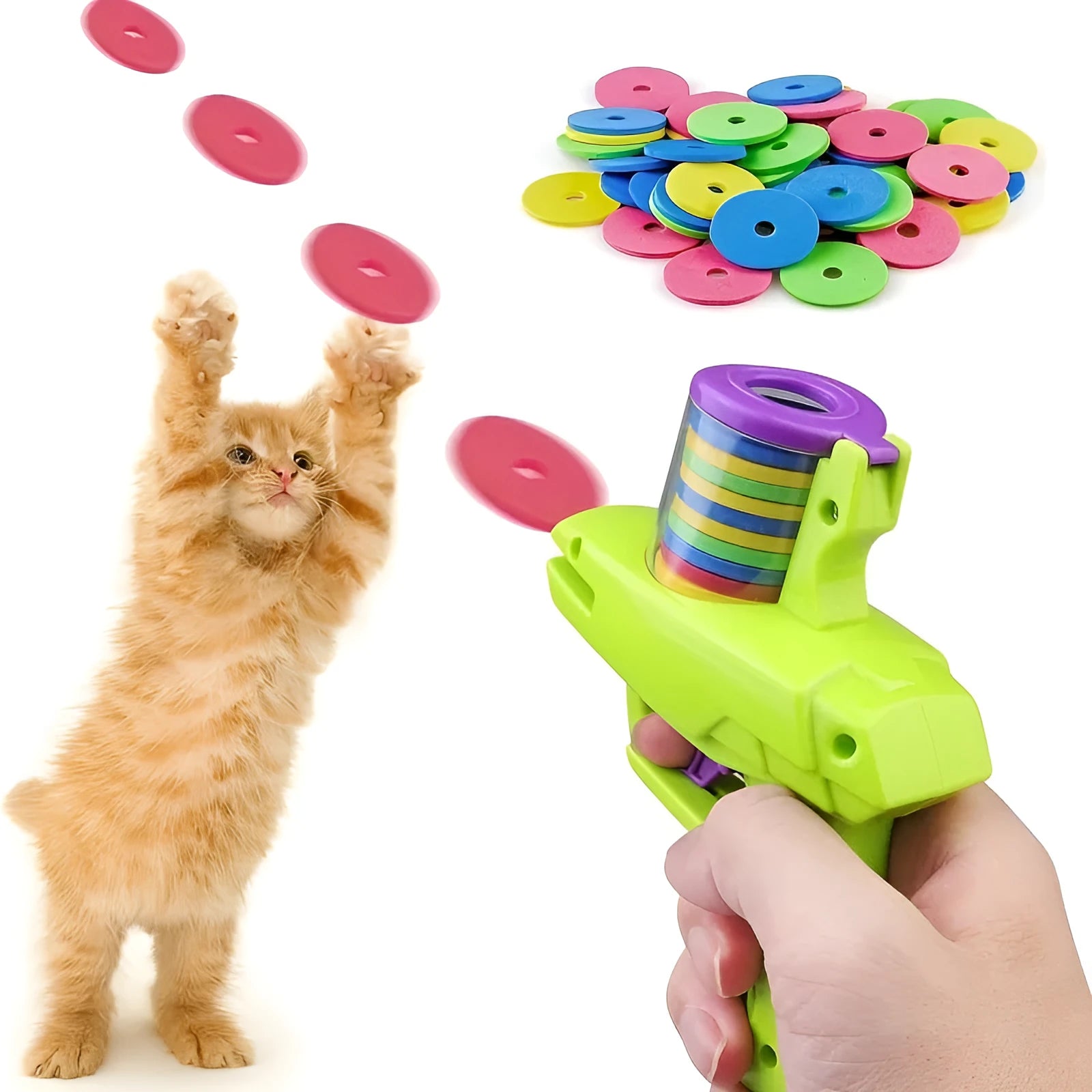 Green durable plastic manual cat toy launcher with a stack of soft foam discs on a floor.