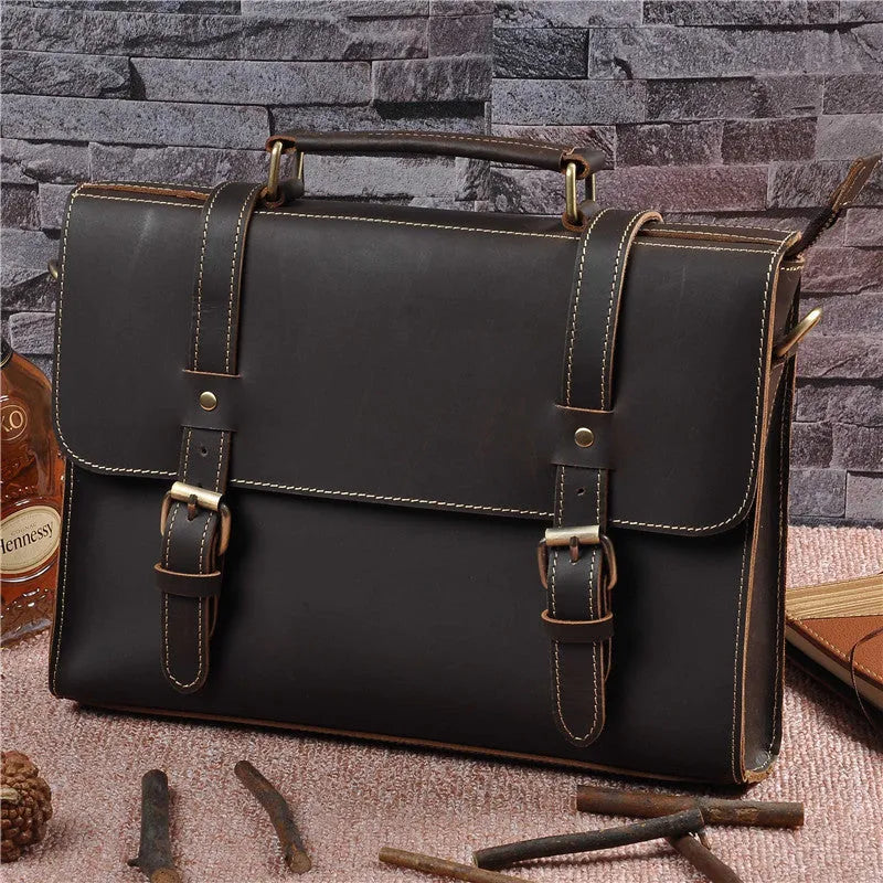 Men's dark brown cowhide leather handbag, 13 inch, with lock closure and plain retro design.