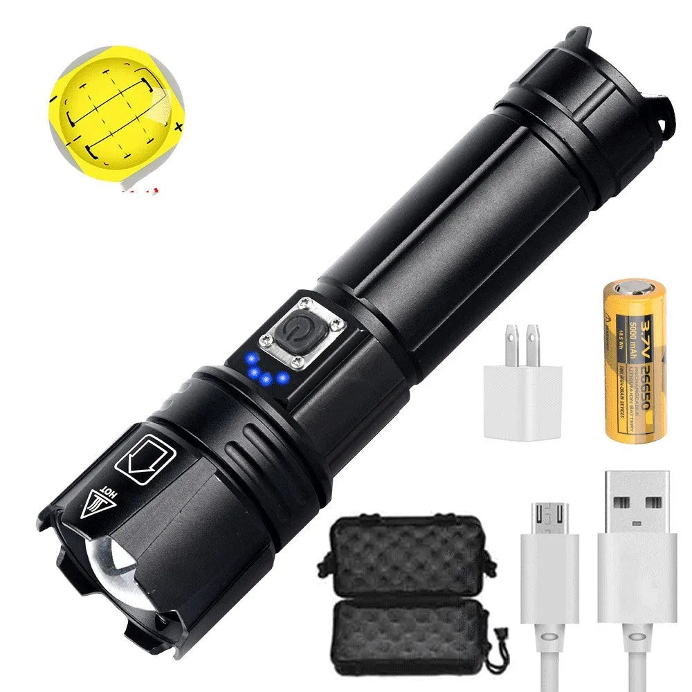 Telescopic zoom USB rechargeable LED flashlight in aluminium alloy, 16.3cm to 17.8cm, with USB cable and battery options