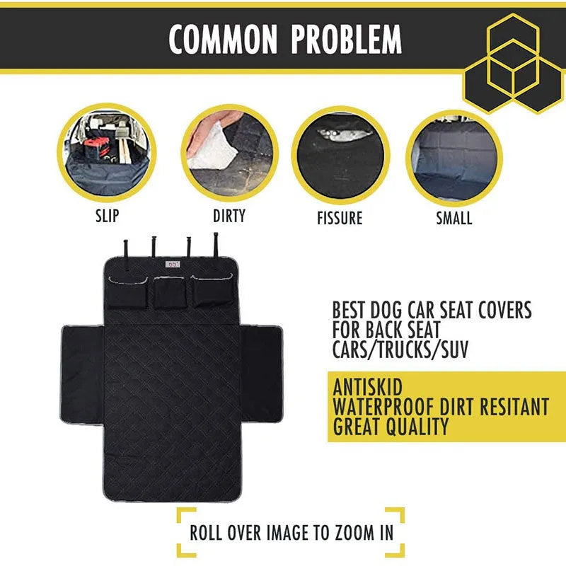Black 600D Oxford cloth car trunk pet mat measuring 185x103cm with storage pockets for dog travel