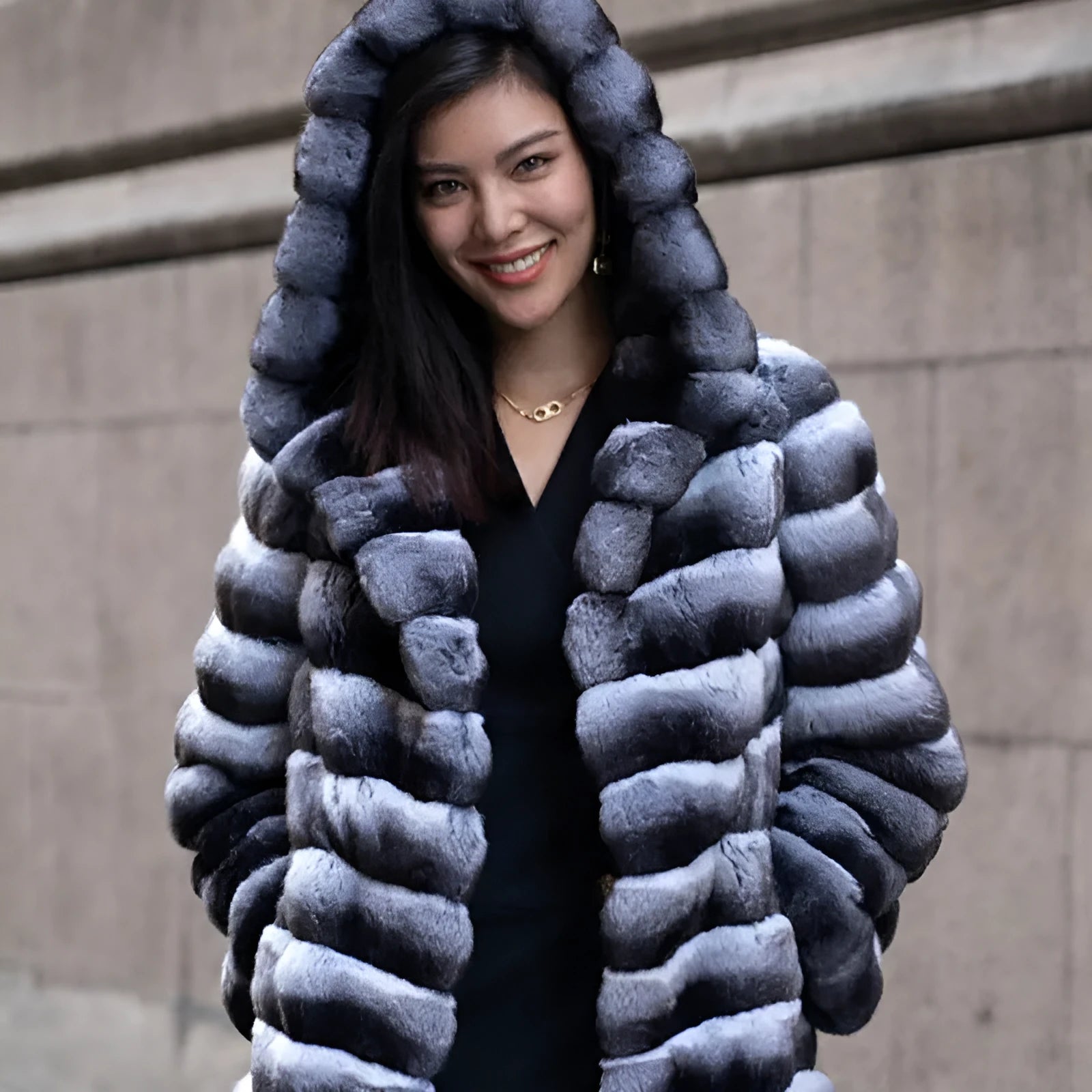 Women's zebra stripe faux fur mid-length overcoat in Japanese Korean casual style