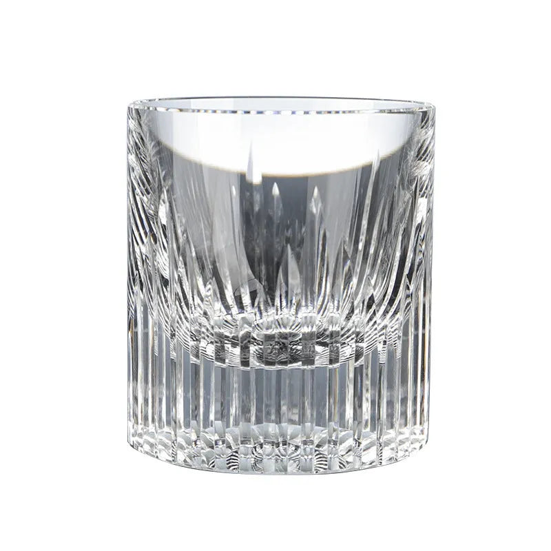 European-style whiskey shot glass in transparent K9 crystal, 701-800ml capacity, flowering design, single cup.