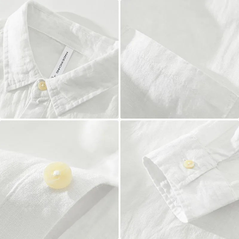 Men's Japanese-style long sleeve linen pullover shirt with square collar, fleece lining, white or sapphire blue