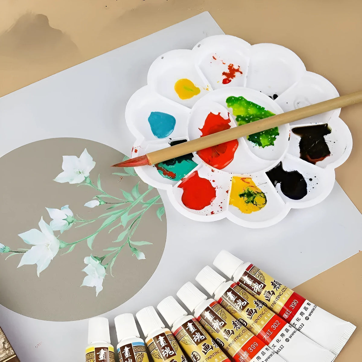 18 colour Chinese painting pigment set in 12ml tubes with plant pigment coating pen for children beginners