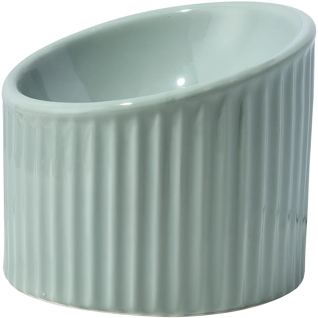 Elevated ceramic cat bowl in green colour with round shape and tilted design for whisker-friendly feeding