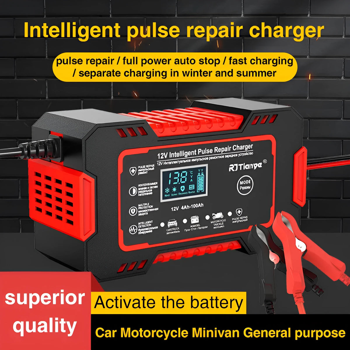 12V intelligent pulse repair battery charger with reverse connection protection and screen display for lead-acid batteries