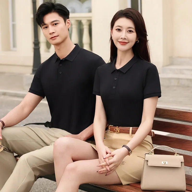 White lapel collar polo t-shirt on a hanger, showing short sleeves and front button placket.