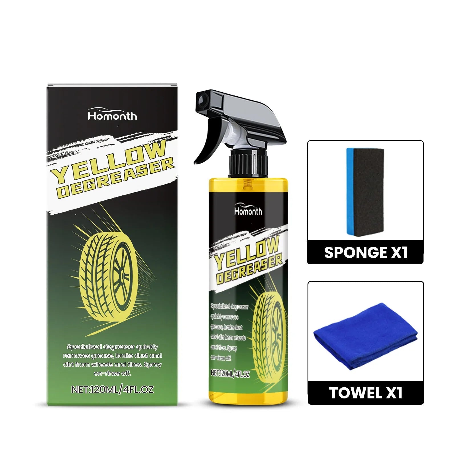 Car wheel cleaner 120ml bottle with sponge and square towel for removing rust and stains from steel rings and alloy rims