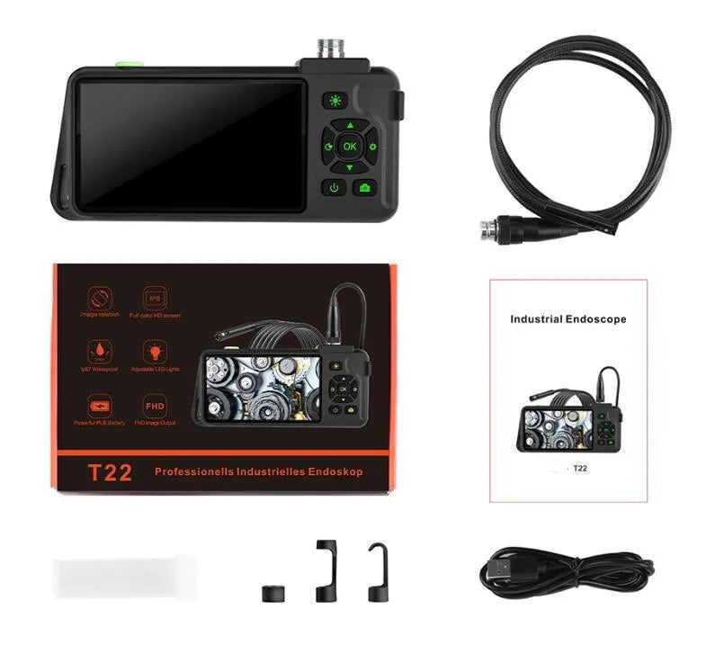 Handheld industrial endoscope with 4.5-inch colour screen and 5.5mm camera probe for automotive inspection