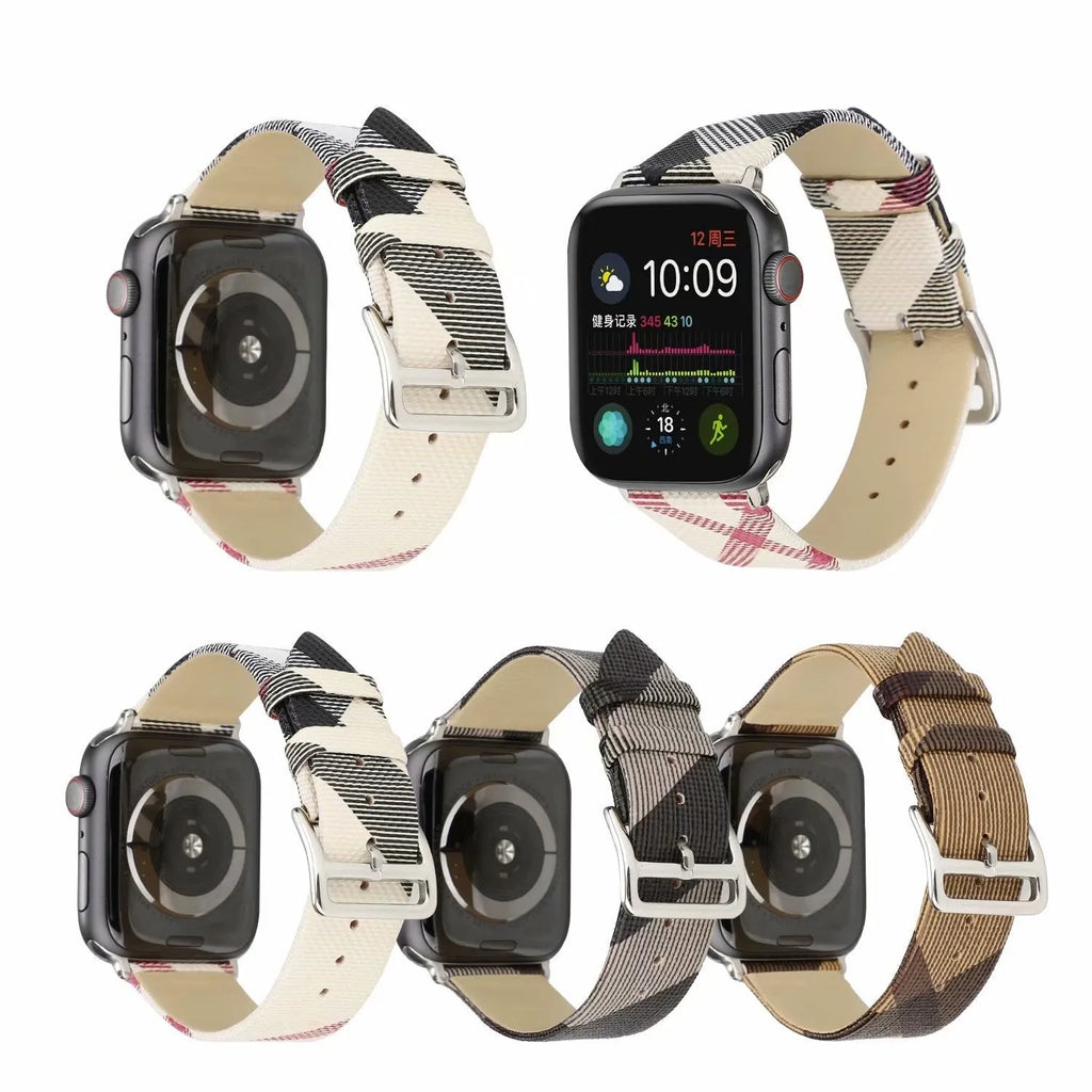 Grey plaid PU watch strap with long and short strip lengths for 38mm to 45mm watch cases