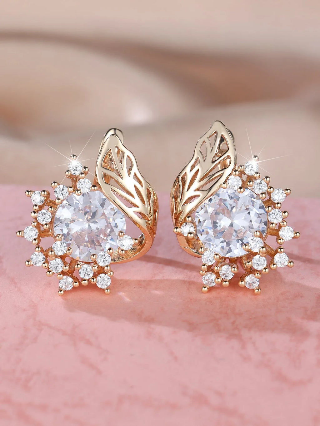 Round flower feather design zircon earrings in rose gold with six champagne gold colour options