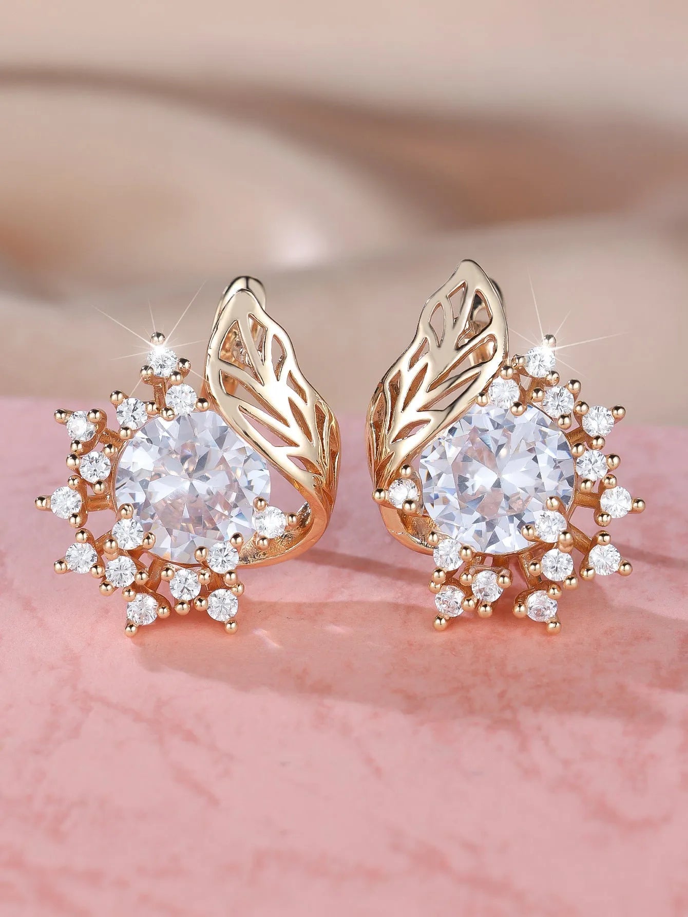 Round flower feather design zircon earrings in rose gold with six champagne gold colour options