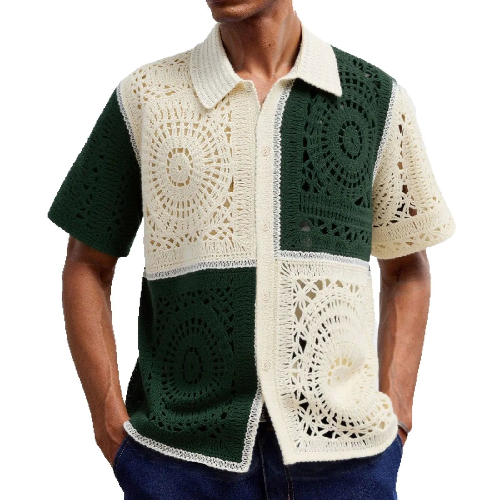 Men's beige colourblock short sleeve acrylic knit shirt with flocking detail on a hanger