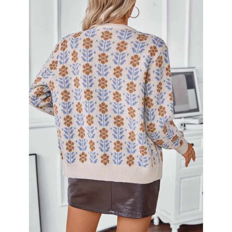 Ladies flower jacquard cardigan sweater coat in apricot or camel, loose fit, sizes S to XL