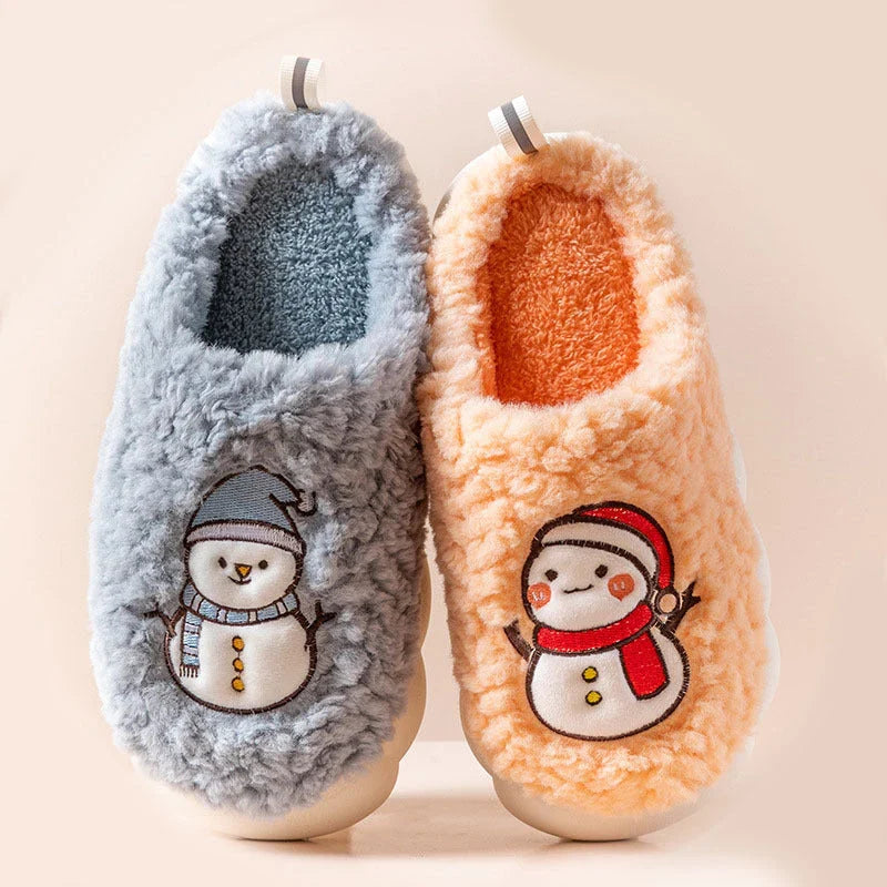 Cozy snowman-designed slippers with plush upper and anti-slip sole for indoor winter wear