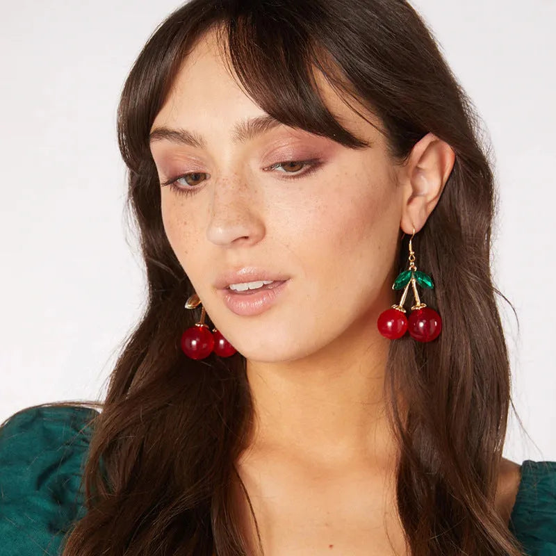 Red plastic cherry earrings with drip oil finish, large size for women