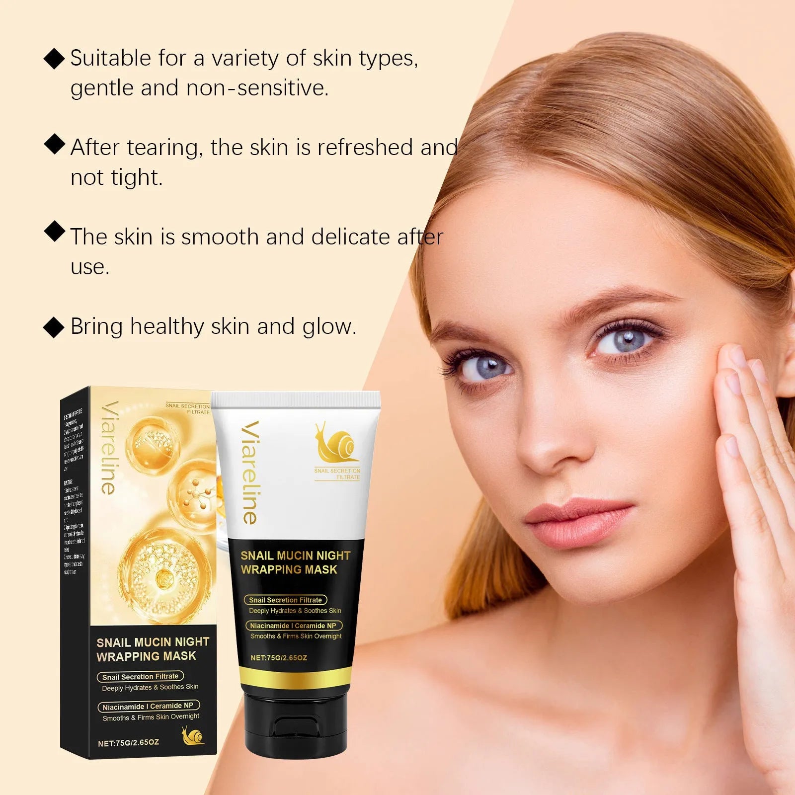Snail mucus tearing facial mask with collagen and ceramide in 75g single unit packaging