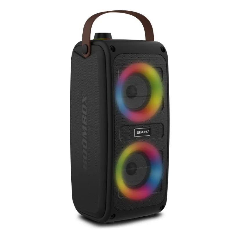 Portable Bluetooth speaker with colour light in black plastic shell, showing built-in speaker grille and button controls.