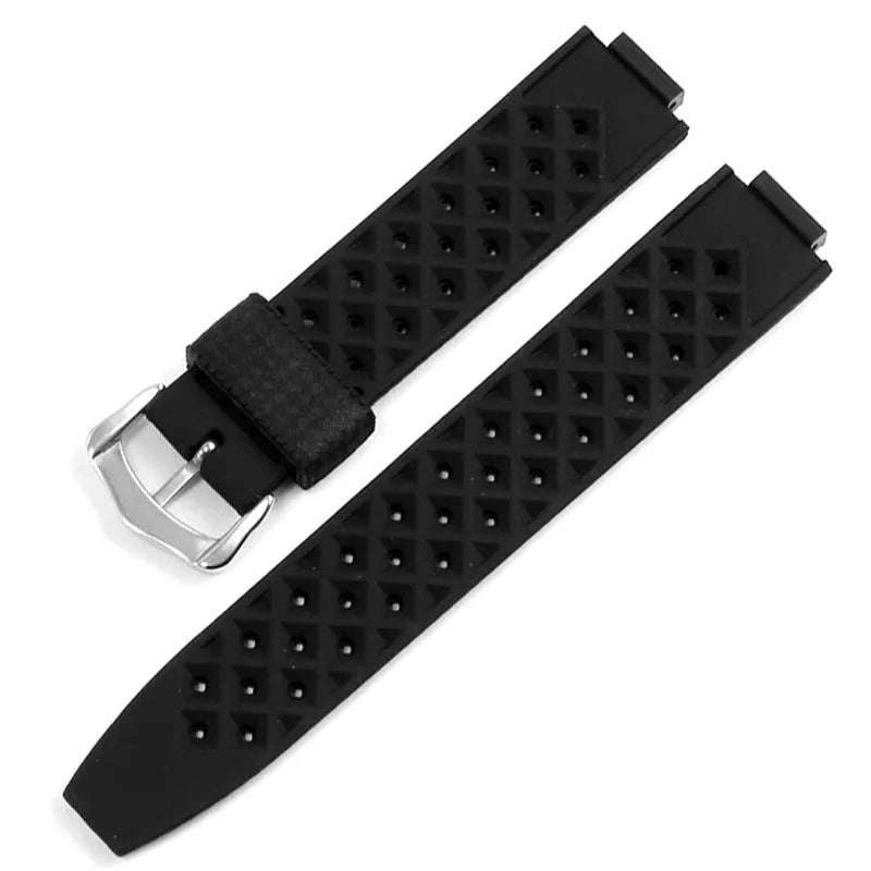 Black silicone watch strap with raised mouth and silver pin buckle on a smart watch