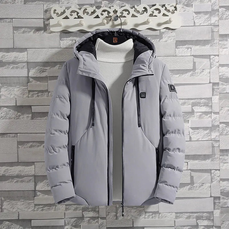 11-zone USB carbon fibre heating jacket in military green with dual-control panel, cotton leisure style, front view