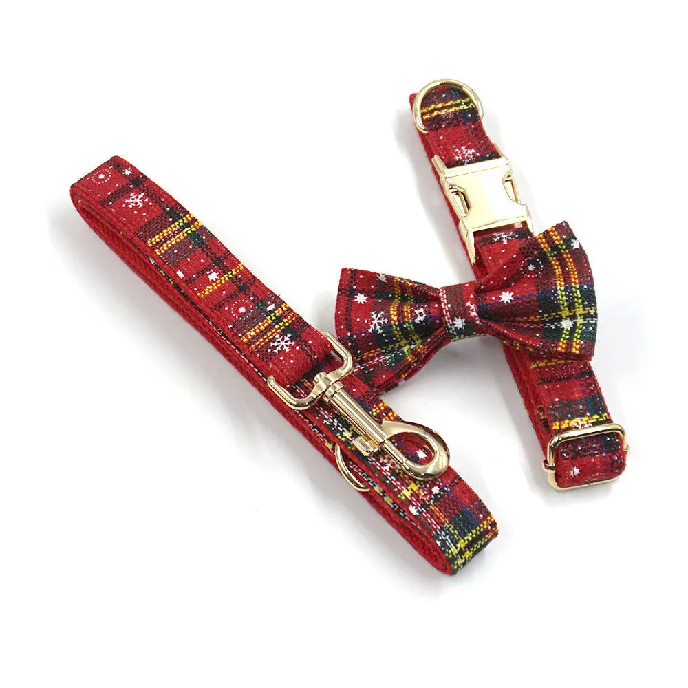 Red Christmas pet accessory set showing collar, leash, bow, harness, and waste bag with laser sculpture design