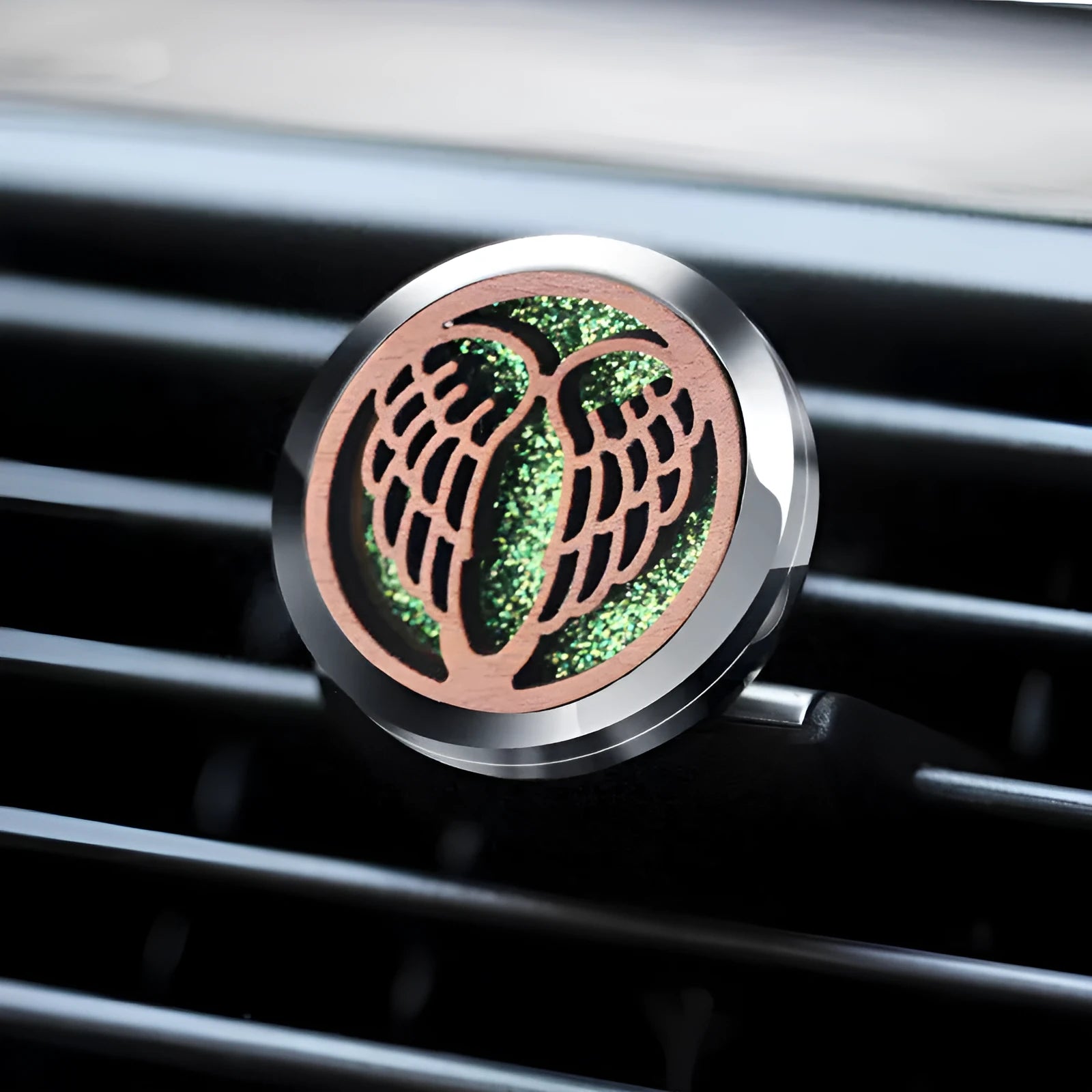 Round car hollow wood aromatherapy clip for air vents with alloy and wood construction