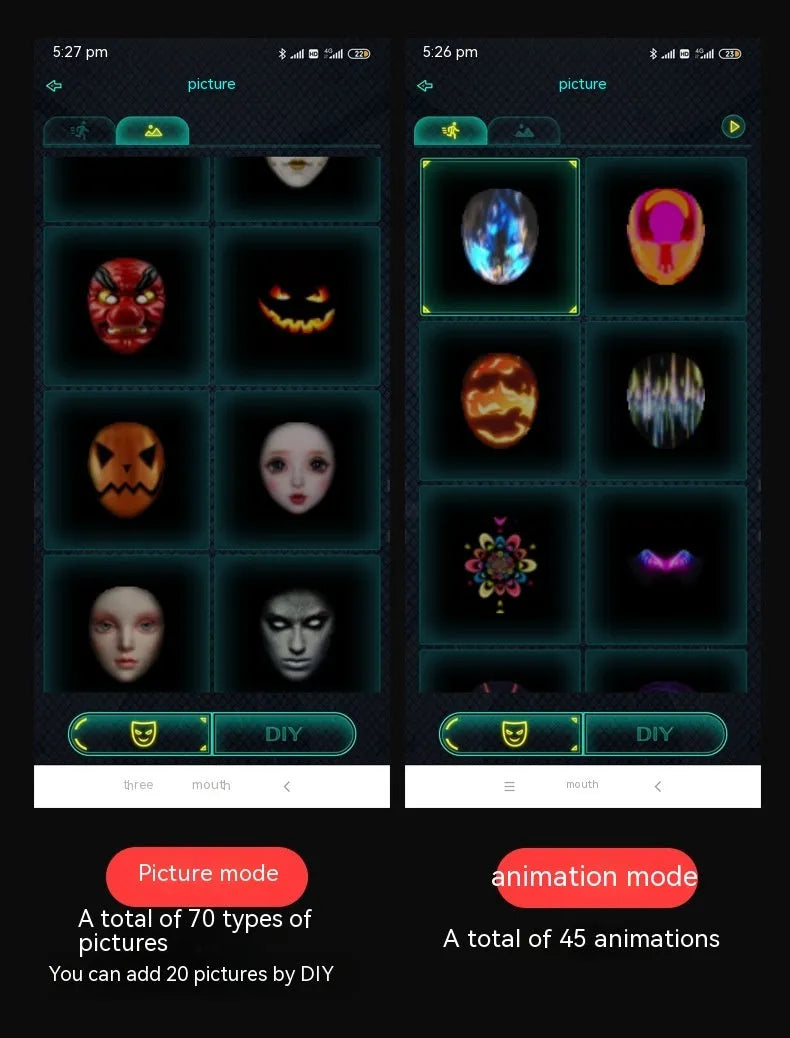 Avengers-themed electronic LED face mask with multi-colour changing lights on display.