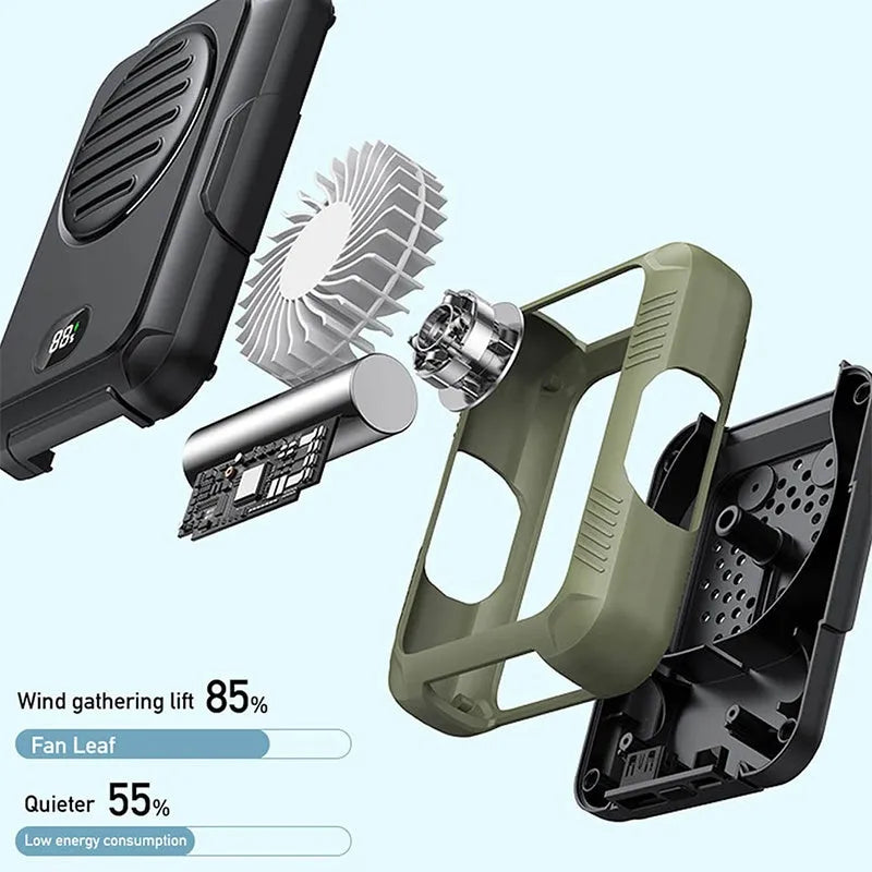 Green waist hanging fan with neck strap showing USB charging port and leafless blade design