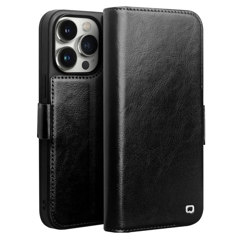 Magnetic flip genuine leather phone cover for iPhone 13 and 14 models in black, brown, coffee or light brown.