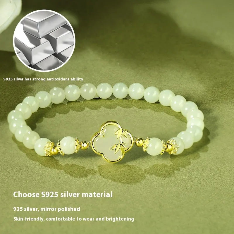 Hetian Jade bracelet and necklace set with bamboo newspaper tone colour and leaf design