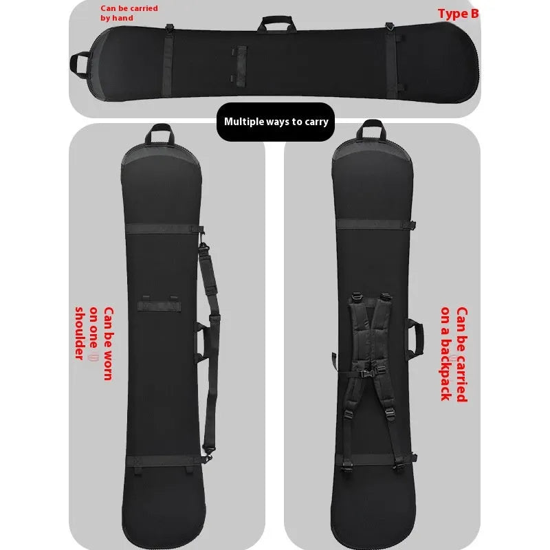 Black 138cm ski board bag with double shoulder straps and velcro veneer fastening for carrying a ski board.
