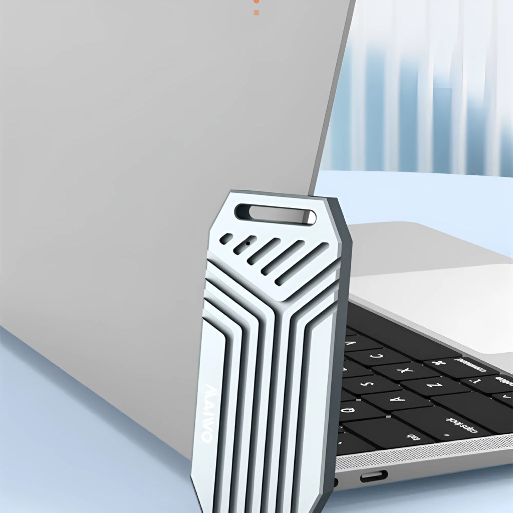 Silver Thunderbolt 4 aluminium M.2 SSD external enclosure case with compact dimensions.
