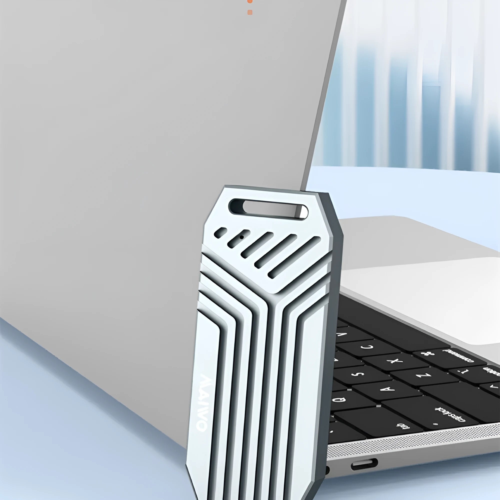 Silver Thunderbolt 4 aluminium M.2 SSD external enclosure case with compact dimensions.